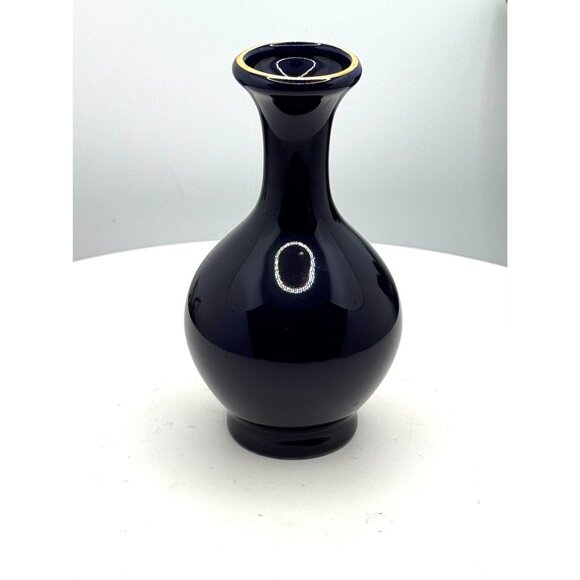 Kutani Blue Ceramic Vase With Hand-Painted Floral Design & Gold Rim - Picture 6 of 7